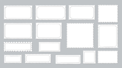 Obraz premium Variety of blank postage stamps with perforated edges and various rectangular and square shapes isolated on a grey background for collectors.