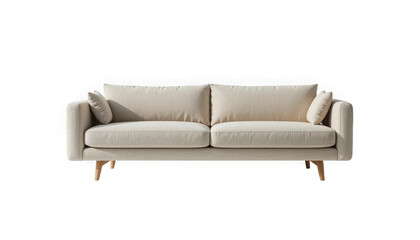 Obraz premium Luxurious cream textured fabric three seater sofa featuring comfortable cushions and tapered wooden legs on transparent background