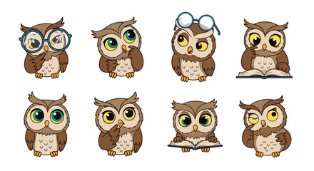 Fototapeta premium Adorable Animated Owls Expressing Various Emotions and Activities Set
