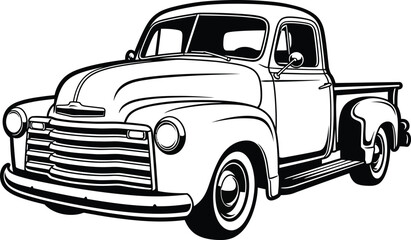 Classic American vintage pickup truck in a detailed black and white line art style 1. © Vhya