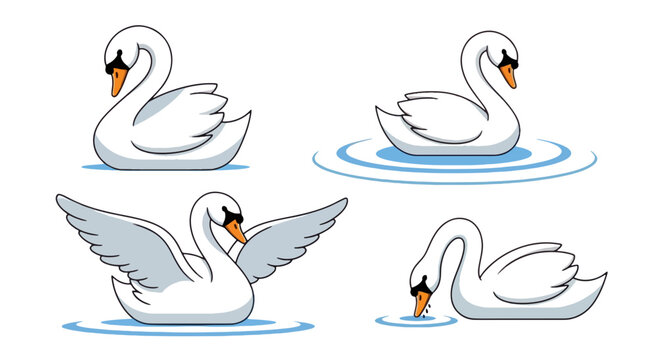 Charming pixel art illustrations of elegant white swans in different scenes