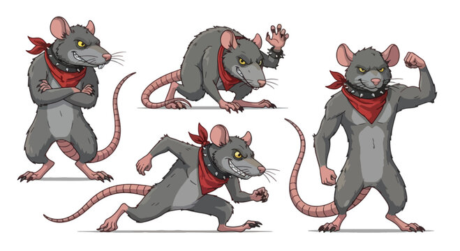 Tough cartoon street rats with bandanas and spiked collars in various poses