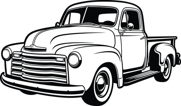 Classic American vintage pickup truck in a detailed black and white line art style 1.