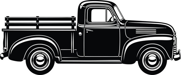 Classic black vintage pickup truck in a side profile view A retro American farm truck illustration with rounded fenders and wooden bed rails. © Vhya