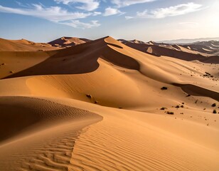 A vast desert landscape of golden sand dunes under a blue sky