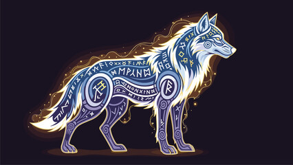 Fototapeta premium Ornate Wolf Illustration with Runes and Light