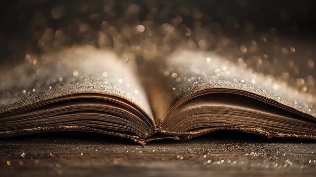 Magic emerges from an open book on a dark background, creating a scene filled with twinkling lights and glowing particles in a mysterious setting