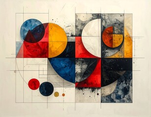 A vibrant geometric abstract artwork with intersecting shapes