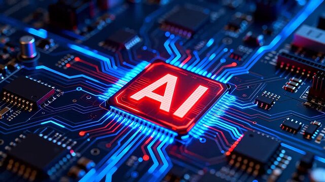 AI chip on circuit board with glowing lines