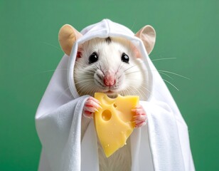 A white rat in a white hoodie holding cheese