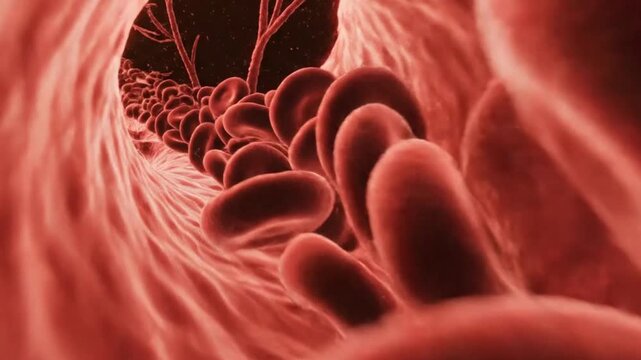 A 3d rendering of a neuron with red dendrites and a cell body on a dark background