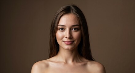 Naklejka premium Serene Beauty: A portrait of a woman of pure serenity and beauty radiates a sense of calm against a softly textured backdrop.