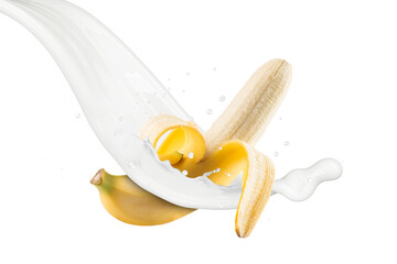 Milk Splash on Banana Fruit On White Background