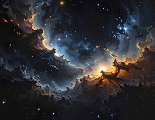 A vibrant, swirling cosmic scene with clouds of gas and stars