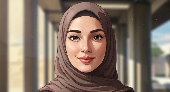 Graceful Muslim Portrait: A serene portrait of a young woman with a gentle smile, draped in a hijab, radiates peacefulness and cultural elegance.