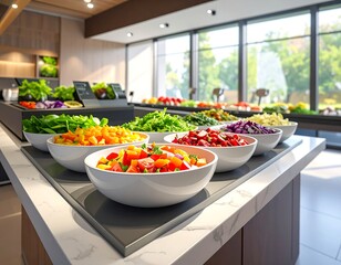 A well-lit kitchen counter with various colorful vegetables