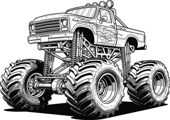 Detailed black and white illustration of a classic monster truck with massive tires lifted suspension and flame decals. © Vhya