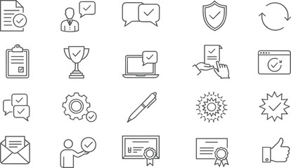 Fototapeta premium Minimal line icon set of approval, verification and business confirmation concepts including checkmarks, certificates, security, validation and quality assurance symbols