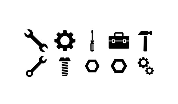 Minimal Black Repair Tool Silhouette Vector Icon Set for Workshop and Engineering