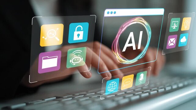Modern technology concept showcasing user interacting with innovative applications and artificial intelligence interface on a computer screen at an office setup Gluon.