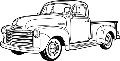 Detailed black and white line art illustration of a classic vintage American pickup truck. © Vhya