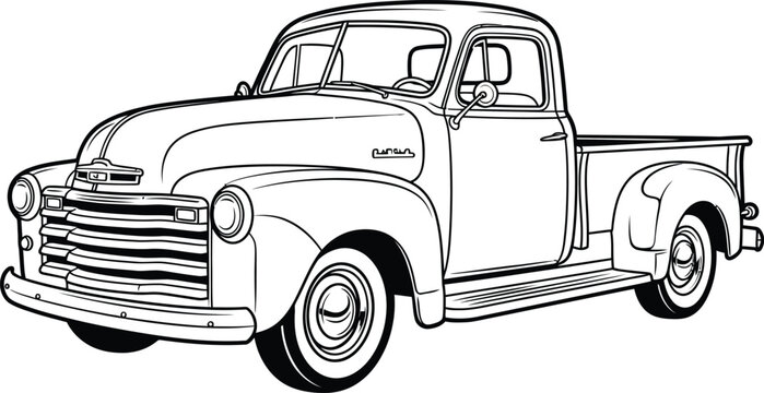 Detailed black and white line art illustration of a classic vintage American pickup truck.