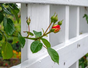 A white wooden fence with a climbing red rose bush