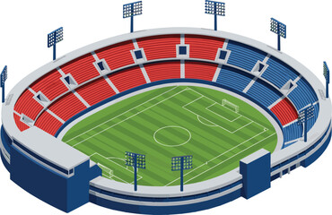 Isometric soccer stadium with green football field seating stands and floodlights representing sports competition tournament venue and modern arena flat vector illustration © Sanjida