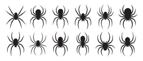 Set of Black Spider Icons on White Background Halloween And Horror Elements.