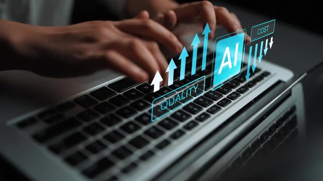 Hands typing on a laptop with digital graphics showing artificial intelligence growth in quality and cost efficiency for modern business solutions Gluon.