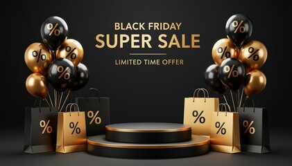 Black Friday Super Sale: A captivating display showcasing a limited-time offer, perfect for promoting sales events. The image features balloons, gift bags, and a podium.
