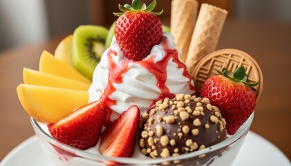 Obraz premium A Delicious Delight: A vibrant parfait overflows with an array of fresh, colorful fruits and creamy textures, a feast for the eyes and a promise of delightful flavors.