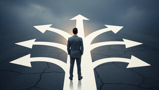 Navigating Choices: A poised individual contemplates the multiplicity of paths ahead, symbolized by arrows diverging in various directions. Reflecting the weight of decisions and the journey forward.