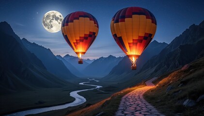 Obraz premium Skyward Serenity: Two vibrant hot air balloons ascend majestically against a tranquil moonlit night sky, gliding serenely over a winding path and a picturesque valley.