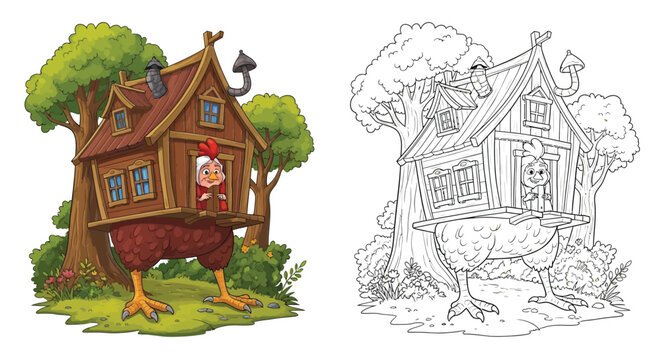 Surreal Chicken Carrying a House Illustration in Color and Black and White Versions