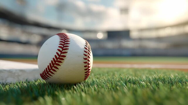 Baseball rests on the grass at a sports field during a sunny day with empty seating in the background