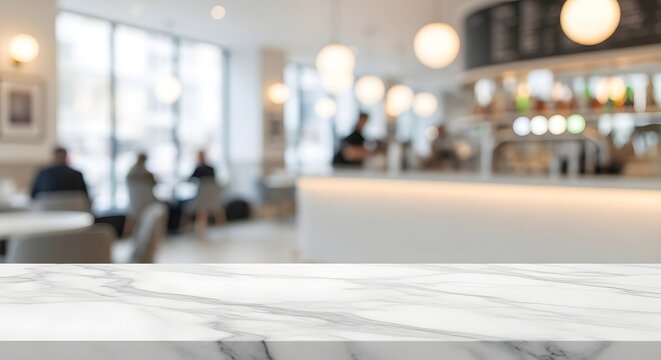 Modern Cafe Background with Bokeh Lights and Marble Table for Mockup