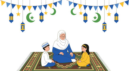 Obraz premium Muslim family illustration celebrating Ramadan with grandmother and children sitting together, Islamic holiday scene with lanterns, crescent moon and festive decorations