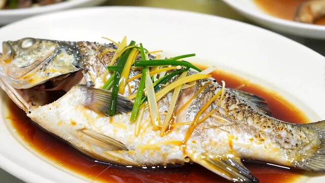 Close up of traditional Chinese steamed fish for Lunar New Year dinner