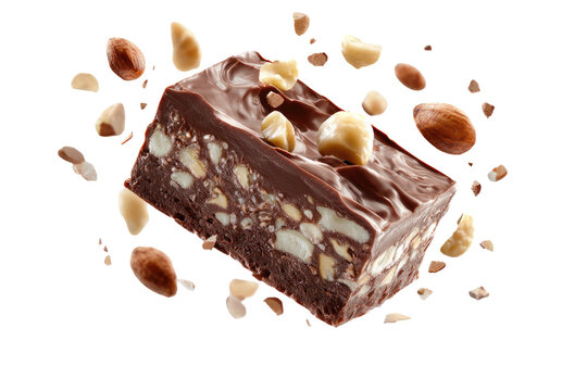 A close-up shot of a fudge bar with assorted nuts, isolated on a black background
