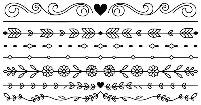 Elegant hand drawn dividers and decorative borders with floral accents, classic ornamental lines, and sophisticated page break elements for stationery design, invitations, layouts, and digital artwork