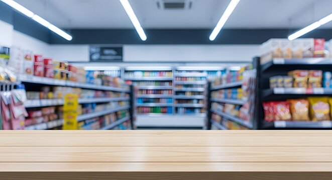 a blurred Modern Convenience Store Interior with Fully Stocked Shelves of Food and Beverages
