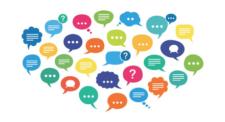 A vibrant collection of colorful speech bubbles arranged in the shape of a heart symbolizing communication and connection