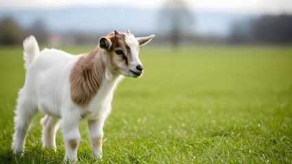 Obraz premium Young Goat Standing in Green Pasture.