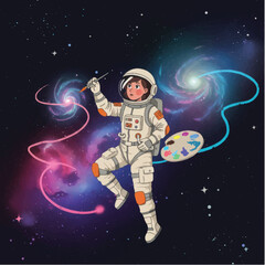 Astronaut Painter in Space Suit Floating.