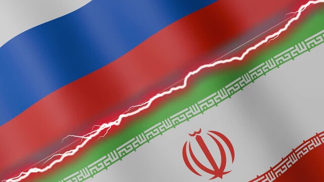 Two waving flags Russia and Iran with diagonal lightning seamless, 4k loop