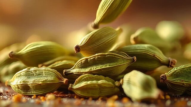 A pile of green cardamom pods being poured onto a spice-filled surface from above in a warm and inviting environment
