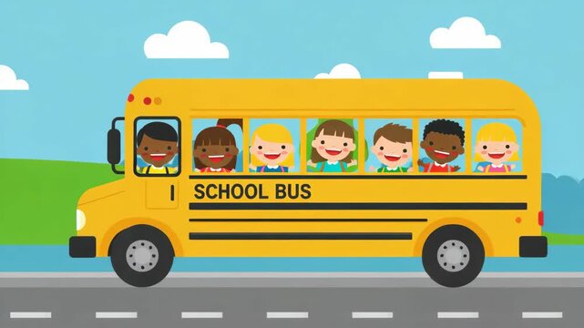 Happy Diverse Children Riding a Yellow School Bus on Sunny Day
