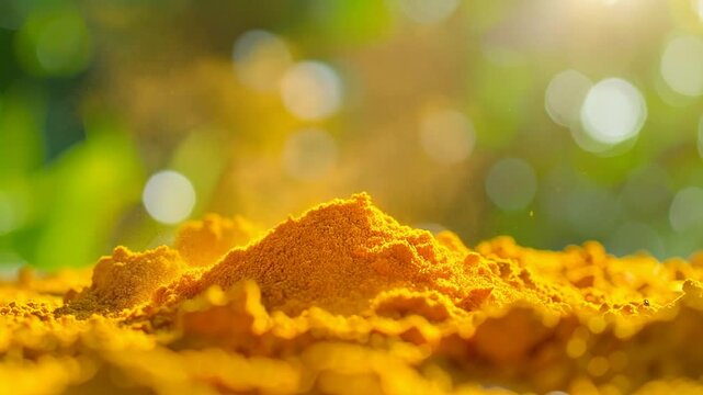 Pile of vibrant yellow turmeric powder in close-up view on a blurred green natural background