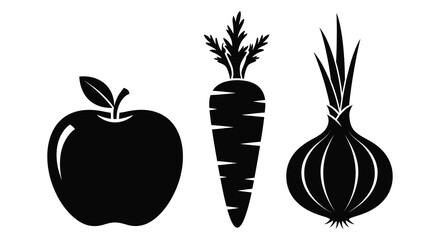 A striking black and white illustration depicts an apple carrot and onion in a bold silhouette high quality professional detailed modern elegant stylish © CreativeAlim02